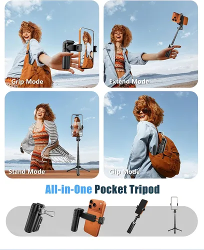Miniatura 2 de Trípode de bolsillo para teléfono, trípode portátil 3 en 1 para selfie stick con control remoto, rotación de 360°, soporte de trípode para teléfono