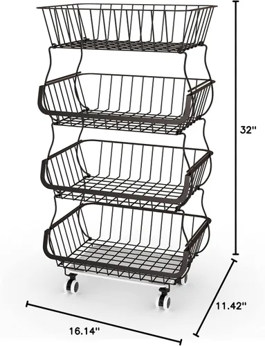 Miniatura 5 de FANWU Soporte de cesta de frutas de 4 niveles, carrito de almacenamiento de frutas y verduras, cesta de almacenamiento de alambre con ruedas, Bronce
