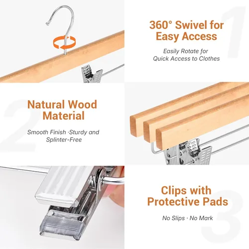 Miniatura 8 de HOUSE DAY Paquete de 25 perchas de madera de alta calidad para pantalones, perchas de falda de madera de loto maciza con 2 clips ajustables, Natural