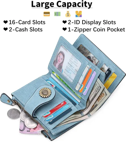 Miniatura 98 de SENDEFN - Billetera pequeña de piel auténtica para mujer, diseño plegable con ventana para tarjeta de identificación