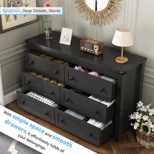 Miniatura 6 de HUANLEGO Cómoda negra para dormitorio con 6 cajones, cómoda moderna, cómoda de madera, muebles de dormitorio, amplio organizador de almacenamiento