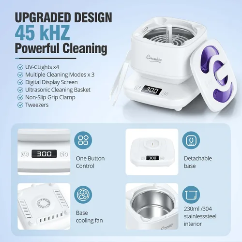 Miniatura 6 de Limpiador ultrasónico para retenedor, máquina limpiadora de retenedor desmontable de 45kHz con 3 modos, cápsula de limpieza dental con ventana Blanco