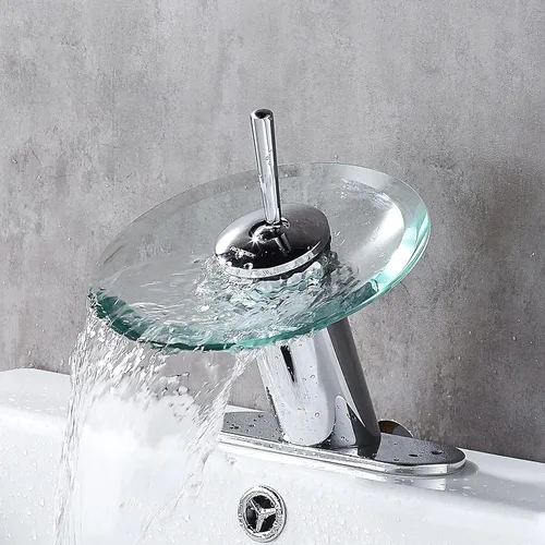 Miniatura 9 de Grifo de baño cascada de latón macizo de vidrio de una sola manija de un solo agujero lavabo lavabo grifo de baño, corto, bronce aceitado Bronce