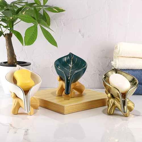 Miniatura 8 de JUXYES Jabonera de cerámica autodrenante, jabonera única en forma de hoja, bandeja decorativa para jabonera de mesa, ahorrador de jabón para bañera