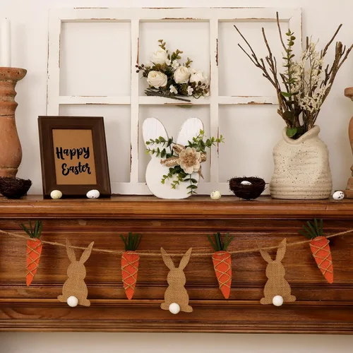 Miniatura 6 de Decoraciones de Pascua para el hogar: Rústica Antigua Conejito de Madera Feliz Pascua Mesa, Conejo Blanco de Granja con Flores Conejo de Madera