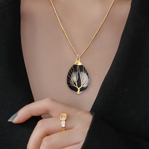 Miniatura 6 de Collar con colgante de lágrima envuelto en alambre dorado, collares de piedra de cristal curativa del árbol de la vida, joyas de piedras preciosas