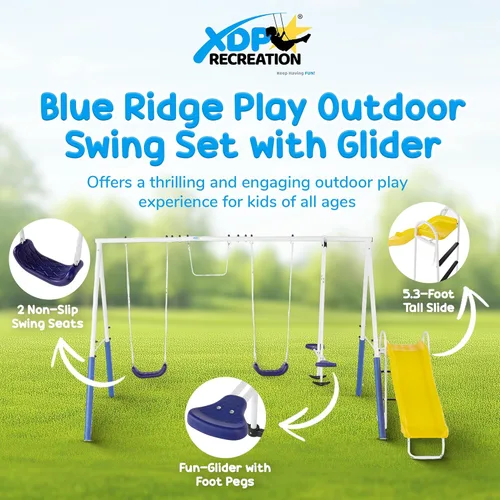 Miniatura 3 de XDP Recreation Blue Ridge - Juego de patio trasero con marco de metal resistente con cubiertas de cadena, deslizador, trapecio, 2 columpios