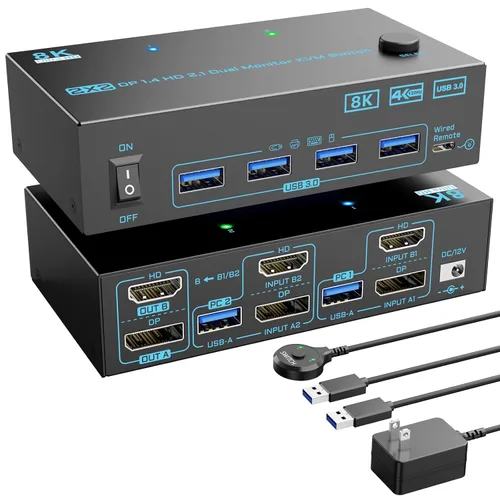 Conmutador KVM 2 Monitores 2 Computadoras 8K Displayport 1.4 y HDMI 2.1 Monitor dual USB 3.0 2 IN 2 Out KVM Switch para 2 PC Compartir 2 Pantallas