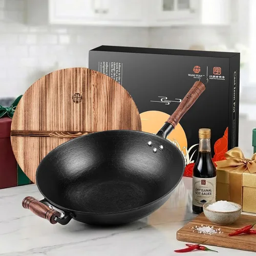 Miniatura 9 de WANGYUANJI Olla de hierro fundido, wok chino de 13.4 pulgadas, wok de hierro de fondo plano con tapa, sartén adecuada para inducción, eléctrica