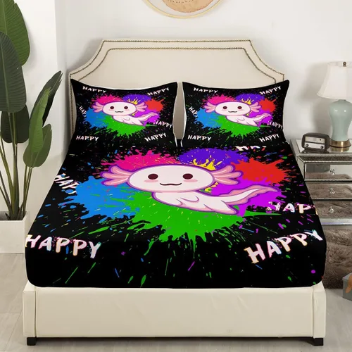 Homewish Axolotl - Sábana bajera ajustable Kawaii para niños, tamaño individual, juego de ropa de cama de teñido anudado con pintura de acuarela,