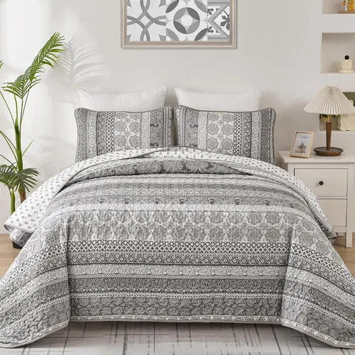Miniatura 19 de WONGS BEDDING Juego de Edredón Boho Tamaño Full, Juego de Edredones Bohemios Grises de 3 Piezas, Juego de Ropa de Cama Cubrecama de Microfibra