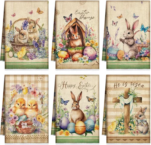 Miniatura 8 de Patelai Paquete de 6 toallas de cocina vintage de Pascua, de primavera, de temporada, paño para platos de té, retro, retro, frontera, conejito