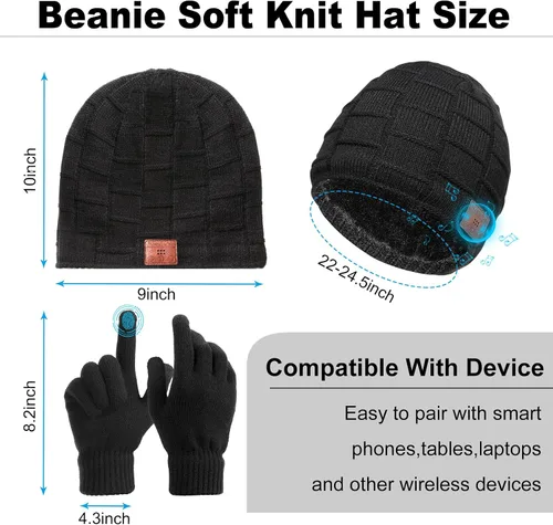 Miniatura 2 de Honoson El juego de gorros Bluetooth incluye 2 gorros inalámbricos con Bluetooth, guantes para pantalla táctil (negro, clásico)