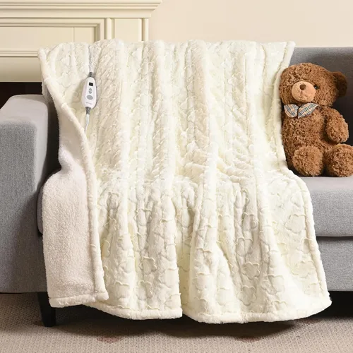 Miniatura 11 de Bearhug - Manta eléctrica de 50 x 60 pulgadas, manta eléctrica con motivos florales grises de pelo sintético y sherpa cálido, temporizador