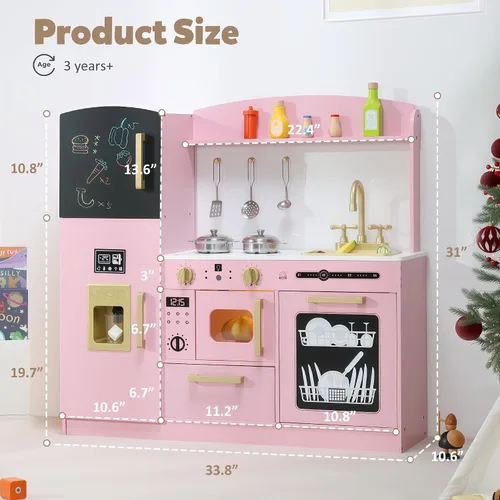 Miniatura 6 de TODEFULL Juego de cocina de simulación para niños, juego interactivo de madera con diseño realista, fregadero, microondas, máquina de hielo, Rosa