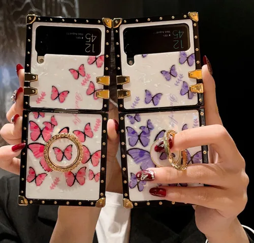 Miniatura 2 de Funda de mariposa con soporte de anillo para Galaxy Z Flip 3 para mujeres y niñas, diseño de caja cuadrada de lujo, diseño de mármol brillante