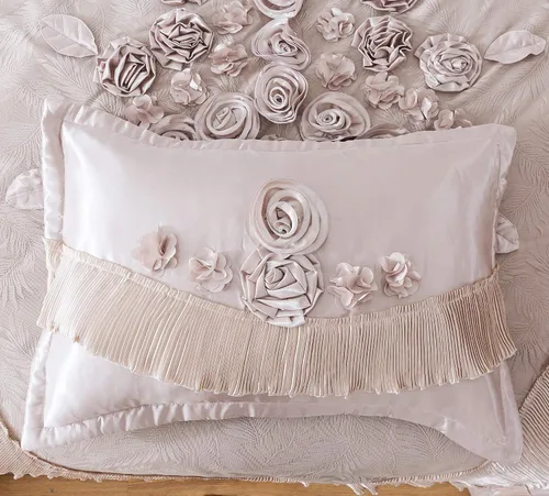 Miniatura 7 de Juego de Edredón Tache de Satén Sedoso y Lustroso Floral con Encaje y Volantes Estilo Dulce Victoriano Real Glamoroso en Champán Beige - Alternativa