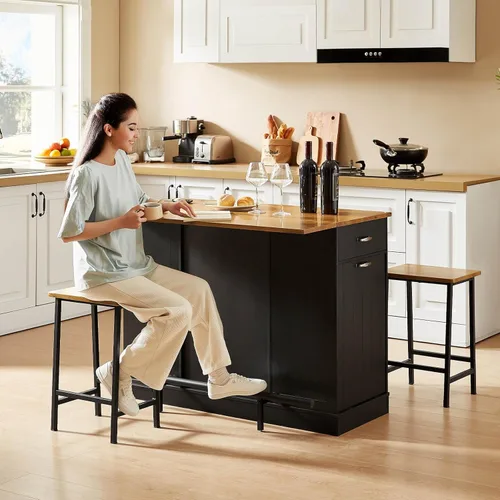 Miniatura 5 de ONBRILL Las islas de cocina estacionarias incluyen 2 sillas, isla de cocina de 47 pulgadas con hoja caída, mesa de bar para el hogar con estante