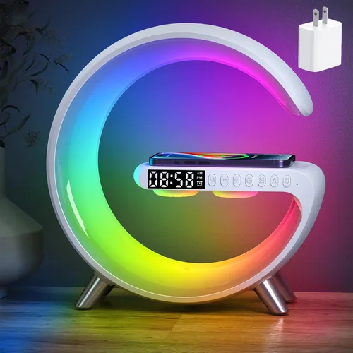 Lámpara de mesa LED inteligente 4 en 1, reloj despertador, cargador inalámbrico, luz nocturna, altavoz Bluetooth con control de aplicación, lámpara