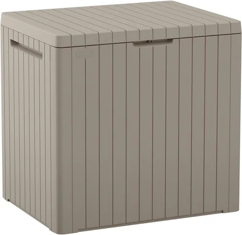 Keter City - Caja de almacenamiento exterior de resina de 30 galones y mesa auxiliar de muebles de patio para accesorios de piscina y jardín, color