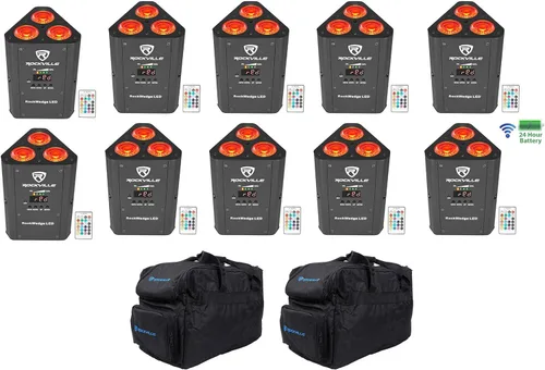 Rockville RockWedge LED Bundle: (10) luces par inalámbricas DMX recargables RGBWA UV de 54 W, (2) bolsas de viaje acolchadas RLB30 para luces y