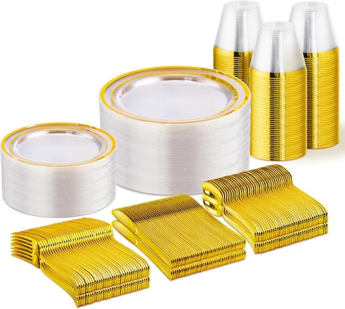 Miniatura 9 de WELLIFE Juego de vajilla desechable de 600 piezas color dorado y blanco para 100 invitados, platos de plástico blanco con borde dorado, platos