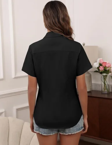 Miniatura 3 de HOTOUCH Camisas de manga corta con botones para mujer, blusa con cuello ajustado, blusa básica de verano para oficina, tallas S-2XL