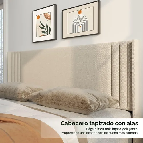 Miniatura 7 de Gizoon Base de cama matrimonial con cabecera de ala, plataforma tapizada con cabecera geométrica moderna, listones de madera, sin ruido, no necesita