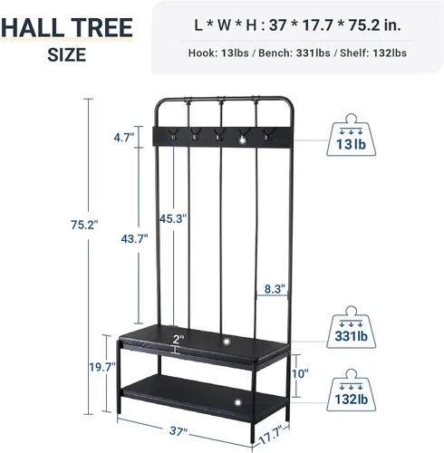 Miniatura 2 de Allewie Perchero para zapatos, árbol de pasillo independiente de 75 pulgadas, banco de entrada con estantes de almacenamiento, asiento tapizado