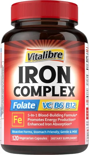 Suplemento de hierro para mujeres y hombres, con vitaminas C, B6, B12 y folato para deficiencia de hierro, construcción de sangre y apoyo
