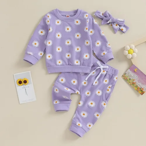 Miniatura 6 de Conjunto de 3 piezas de sudadera de margaritas + pantalones + diadema, ropa infantil de otoño e invierno