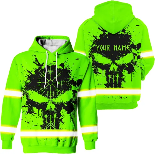 Miniatura 19 de Camisa de Alta Visibilidad con Cráneo para Hombre, Camisas Reflectantes de Seguridad con Bandera de EE. UU., Nombre Personalizado para Ropa