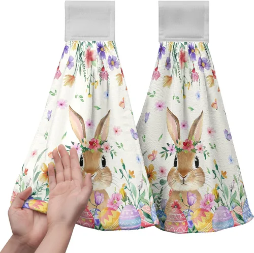 Miniatura 19 de Juego de 2 toallas de cocina colgantes de hojas tropicales de verano, color verde, hojas de palmera, con bucles para colgar, suaves y absorbentes