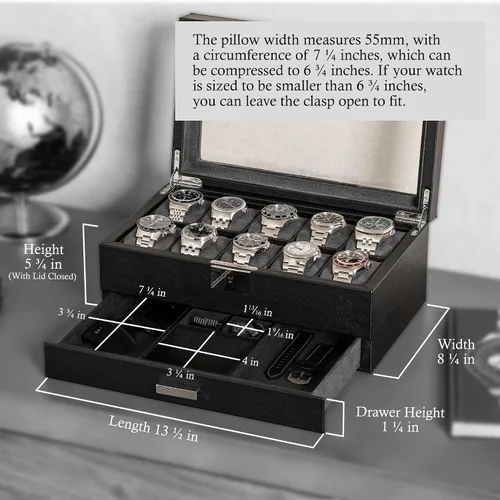 Miniatura 17 de ROTHWELL Caja de reloj de cuero de 10 ranuras con cajón de valet, organizador de exhibición de lujo con forro de microgamuza ultrasuave, soporte