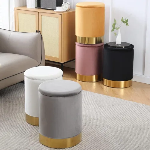 Miniatura 8 de Otomán de Terciopelo con Almacenamiento Reposapiés Multiusos Taburete con Base de Metal Taburete Redondo Moderno para Tocador Silla Otomán