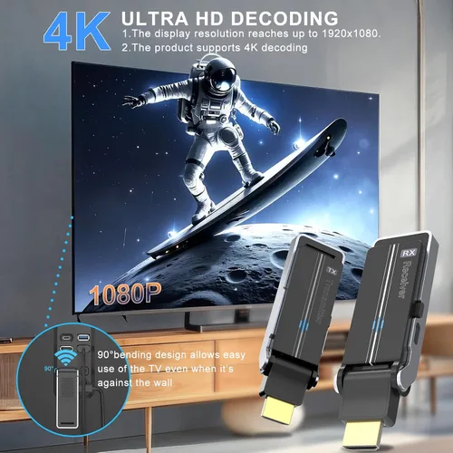 Miniatura 3 de Kit de transmisor y receptor HDMI inalámbrico con disipación de calor, interfaz flexible de 90°, doble banda 2.4G/5G - Transmite video y audio desde