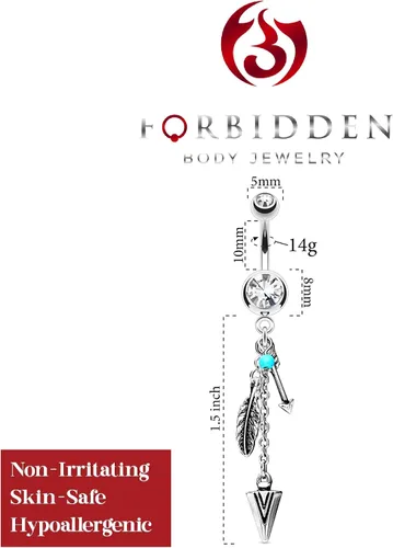 Miniatura 2 de Forbidden Body Jewelry Abalorios tribales de acero quirúrgico con plumas y flechas, turquesa sintética