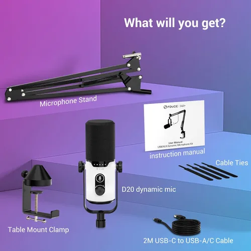 Miniatura 8 de FDUCE Juego de micrófono dinámico para juegos, micrófono de computadora USB/XLR para podcast con soporte de brazo extensible, luz RGB, botón