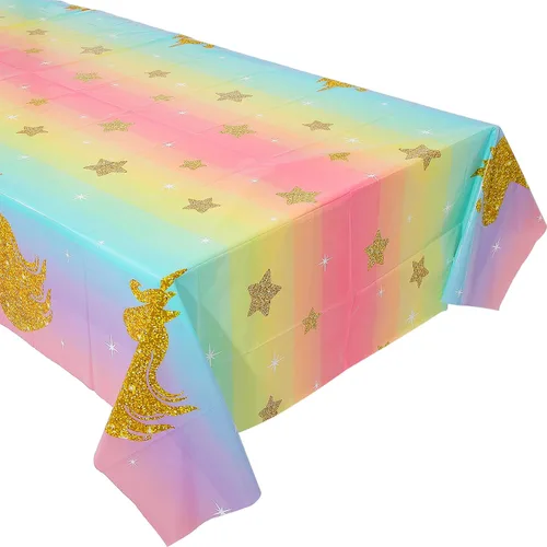 Zhehao Mantel desechable de cumpleaños de unicornio de 108 x 54 pulgadas, mantel de plástico a rayas multicolor para fiesta de cumpleaños con