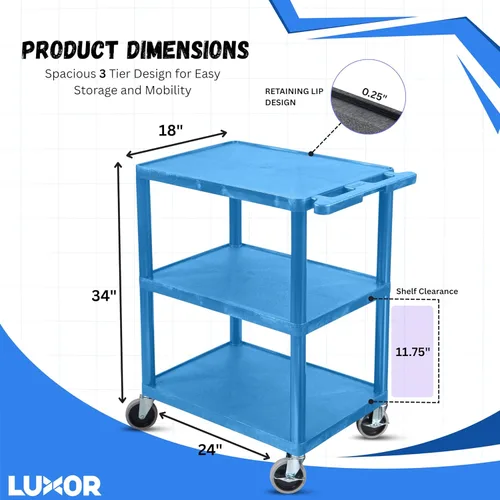 Miniatura 2 de Luxor HE34-BU Carrito utilitario – 3 estantes de plástico de espuma estructural, cuatro ruedas giratorias de 4", dos con freno de bloqueo, mango Azul