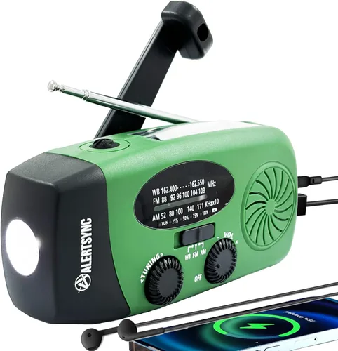 Miniatura 8 de Radio de manivela solar de emergencia mejorada con linterna LED, radio meteorológica portátil Am Fm NOAA, cargador de teléfono celular