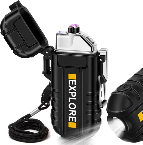 Miniatura 9 de LcFun - Encendedor impermeable, a prueba de viento, de doble arco, eléctrico, recargable por USB, sin llama, plasma, para campamento, senderismo