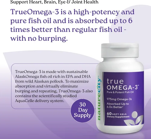 Miniatura 2 de NatureCity True-Omega-3 975 mg Omega-3 Suplementos de aceite de pescado con absorción mejorada de AquaCelle para apoyo cardíaco, cerebro