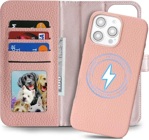 Miniatura 33 de Funda desmontable de piel auténtica para iPhone 13/14, funda magnética 2 en 1 extraíble, soporte de carga MagSafe, función de soporte para tarjetas