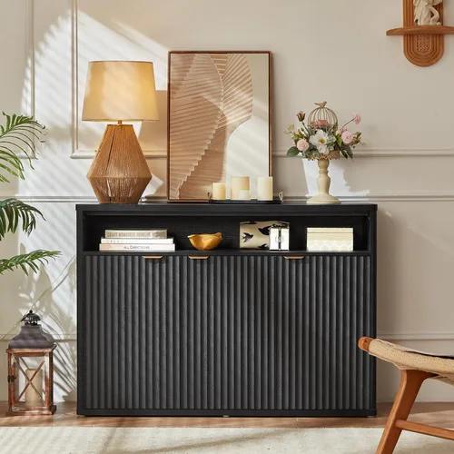 Miniatura 3 de LEYAOYAO Gabinete de buffet acanalado con almacenamiento, aparador de madera de 45 pulgadas de ancho con 3 puertas y estante de almacenamiento