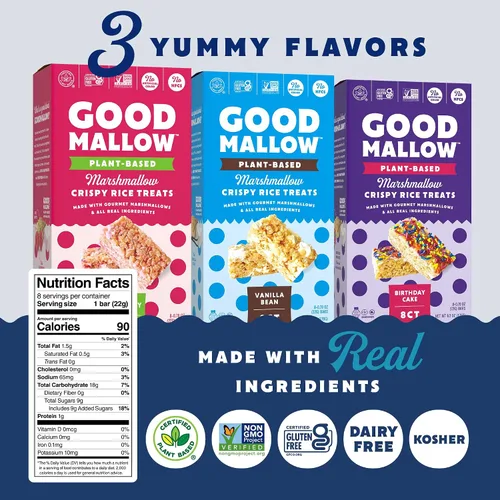 Miniatura 2 de GoodMallow Treats Veganos Crujientes de Arroz Envueltos Individualmente Caja de 8, Bocadillos Veganos Kosher, Aperitivos Sin Gluten Sin Lácteos
