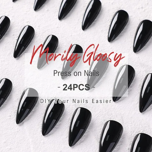 Miniatura 6 de morily 24 uñas postizas negras a presión, uñas postizas de aguja de longitud media, uñas postizas de almendra, uñas postizas largas acrílicas Negro