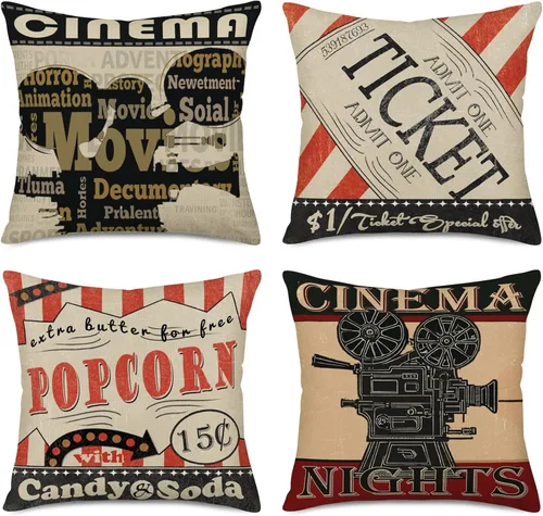 Fukeen Juego de 4 fundas de almohada decorativas de cine vintage con palomitas de maíz frescas, proyector, fundas de almohada decorativas de algodón