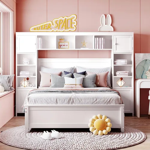 Miniatura 15 de Cama de plataforma tapizada de tamaño matrimonial con nido, cama con plataforma tapizada de vellón de peluche con soporte de listones de madera