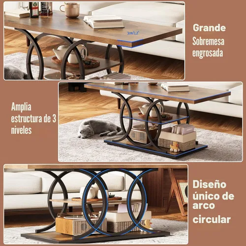 Miniatura 5 de GiftGo Mesa de café rústica con almacenamiento industrial de 3 niveles, mesa de centro de madera rectangular estilo granja para sala de estar, mesa